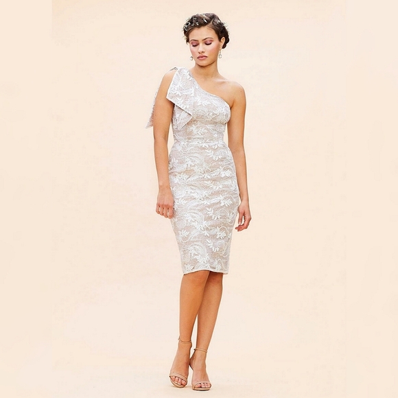 Dress the Population Dresses & Skirts - Dress the Population Thalia One-Shoulder Floral Lace Sequin Dress White Taupe XL
